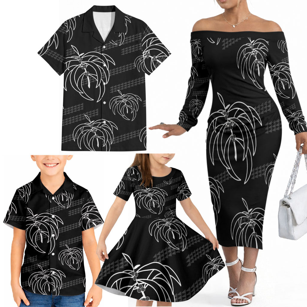 Aloha Hawaii Acacia Koa Leaves Family Matching Off The Shoulder Long Sleeve Dress and Hawaiian Shirt Black Kakau Tribal Pattern LT05 - Polynesian Pride