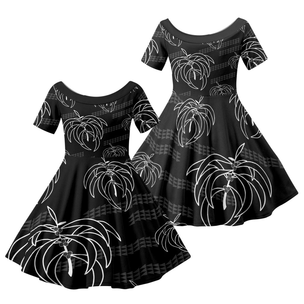 Aloha Hawaii Acacia Koa Leaves Family Matching Off The Shoulder Long Sleeve Dress and Hawaiian Shirt Black Kakau Tribal Pattern LT05 Daughter's Dress Black - Polynesian Pride