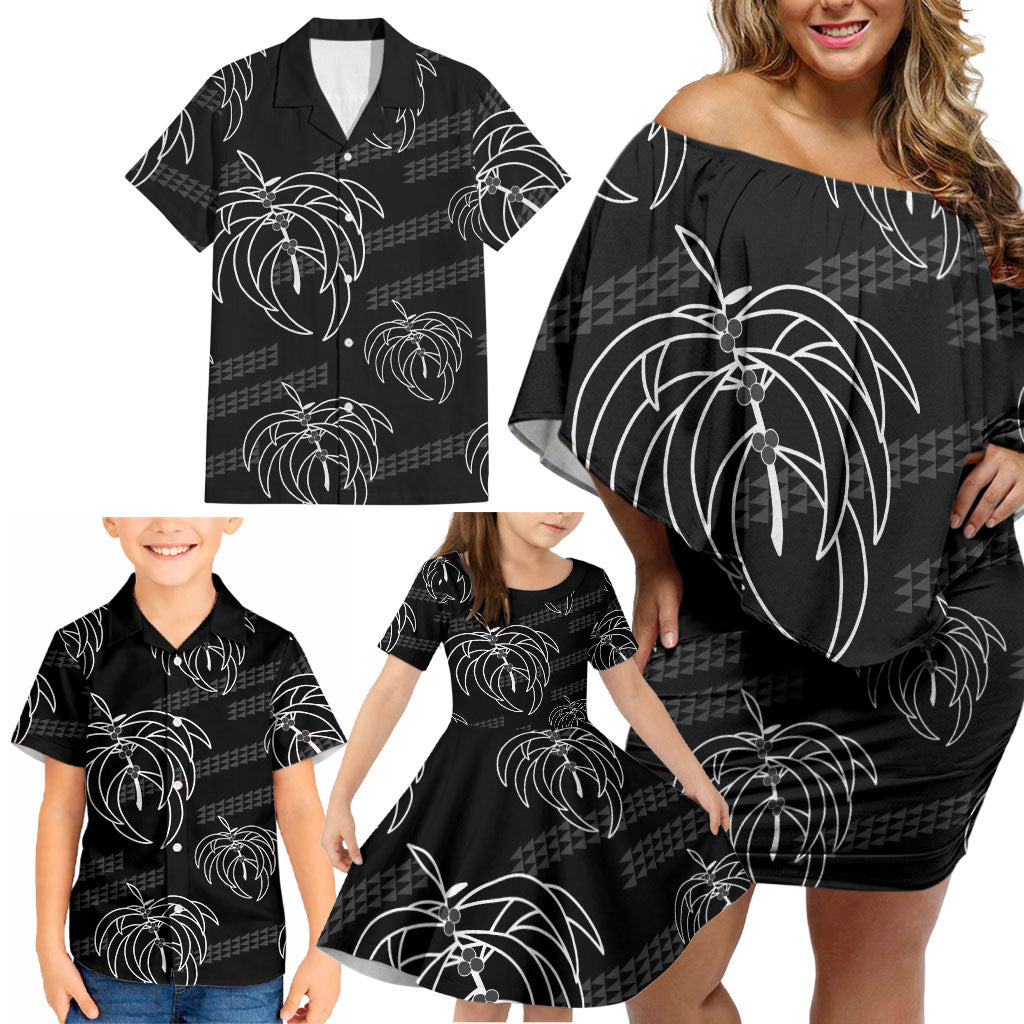 Aloha Hawaii Acacia Koa Leaves Family Matching Off Shoulder Short Dress and Hawaiian Shirt Black Kakau Tribal Pattern LT05 - Polynesian Pride