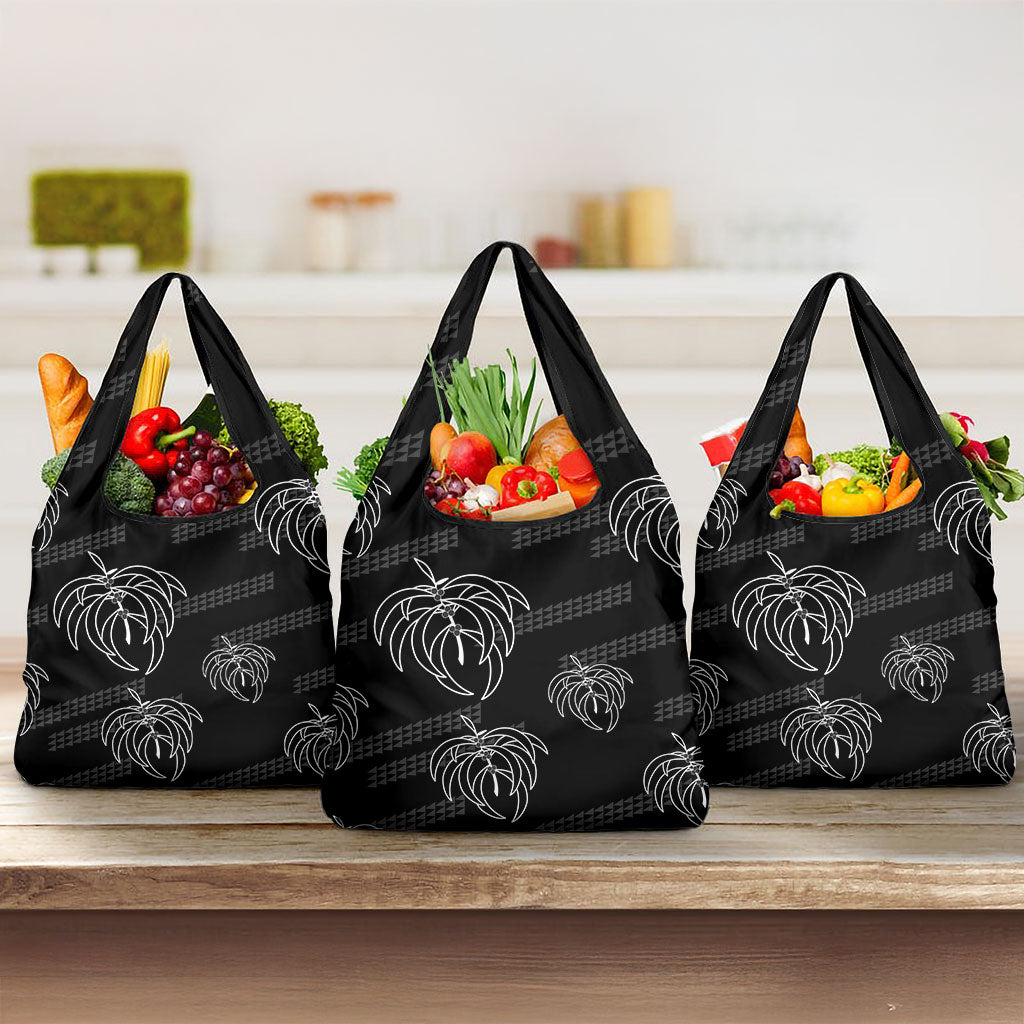 Aloha Hawaii Acacia Koa Leaves Grocery Bag Black Kakau Tribal Pattern