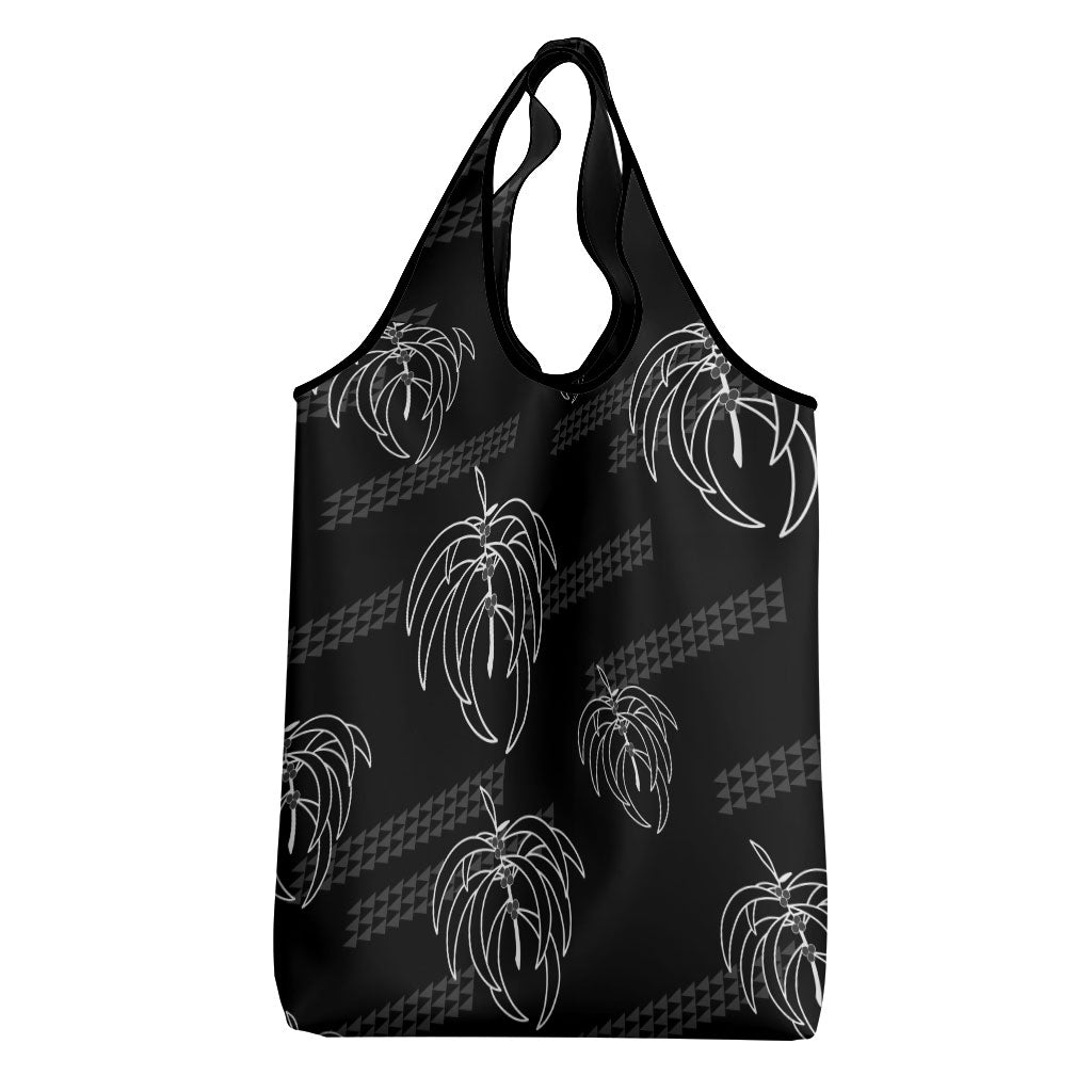 Aloha Hawaii Acacia Koa Leaves Grocery Bag Black Kakau Tribal Pattern