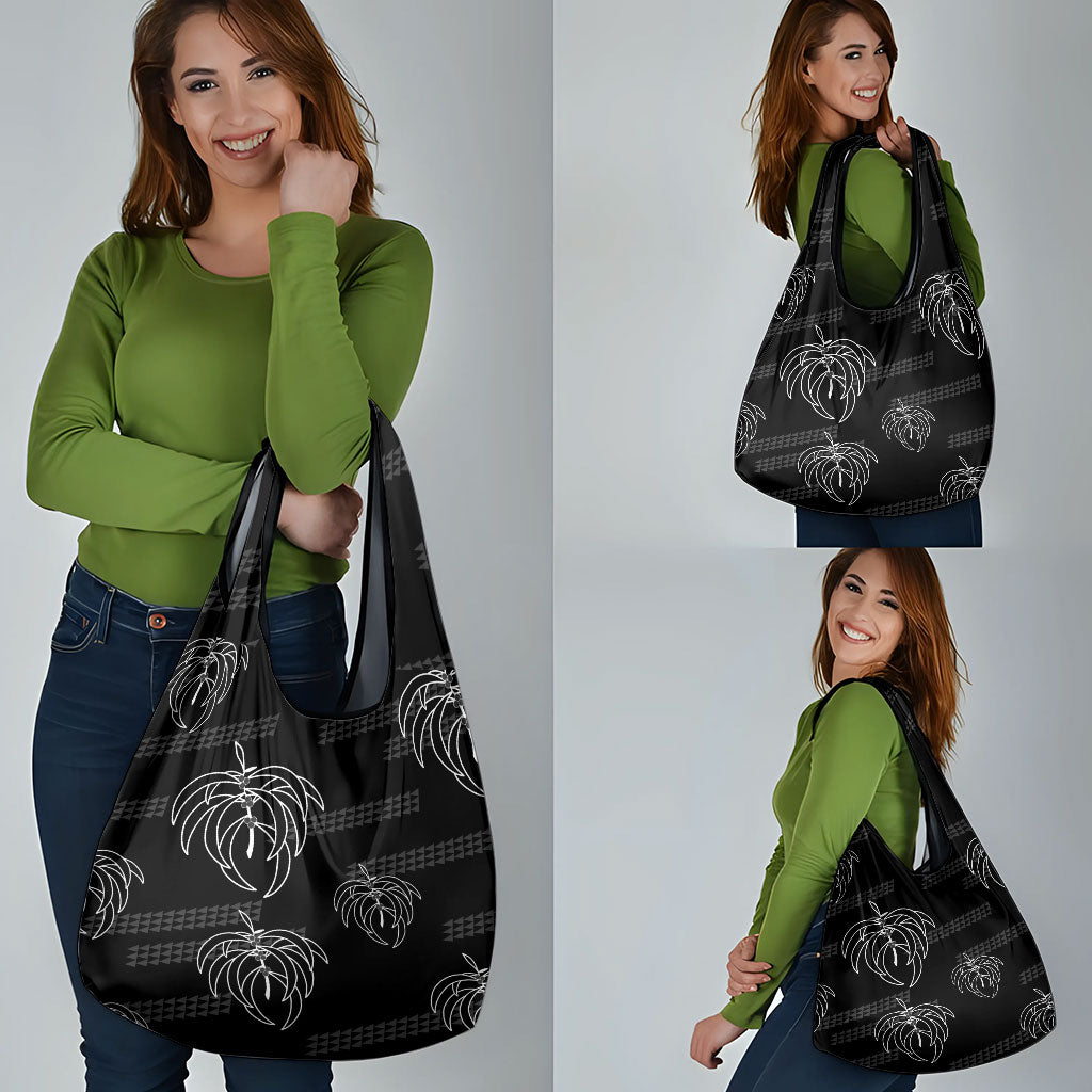 Aloha Hawaii Acacia Koa Leaves Grocery Bag Black Kakau Tribal Pattern