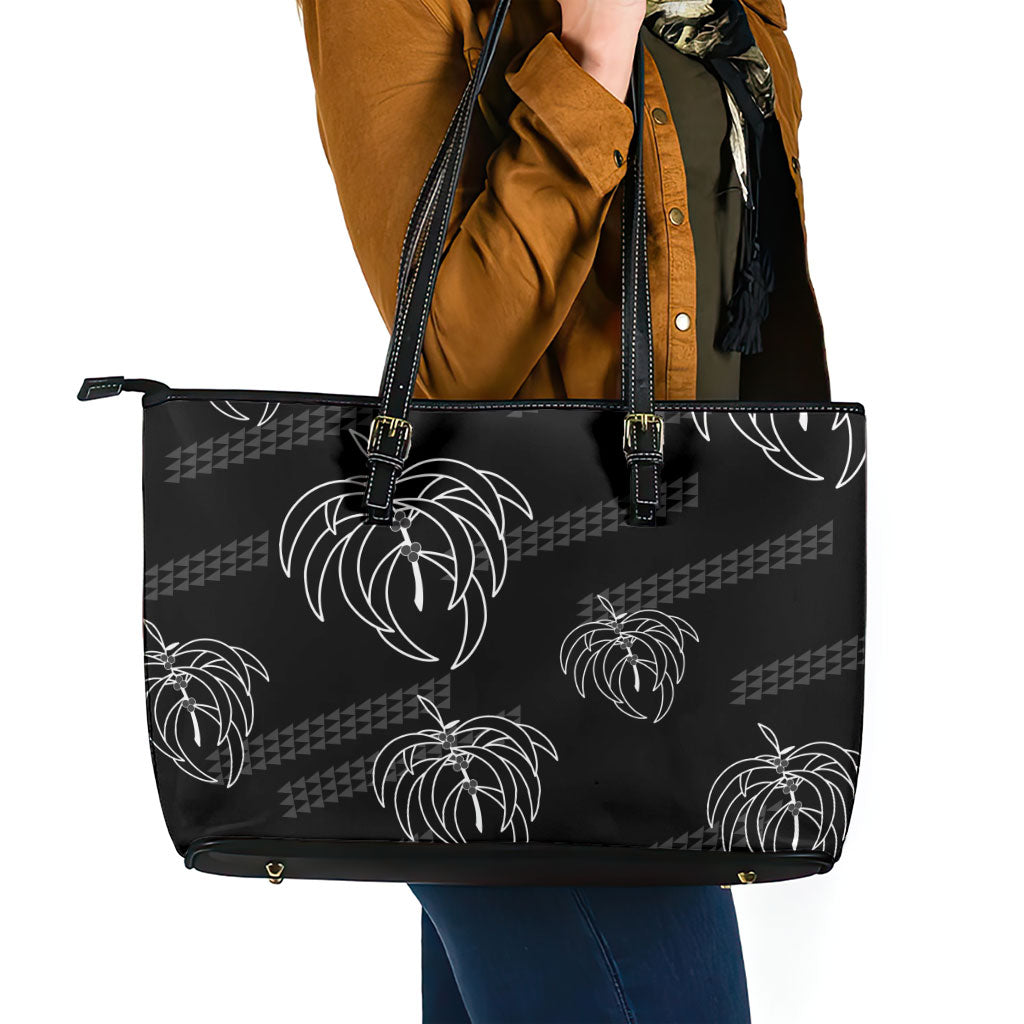 Aloha Hawaii Acacia Koa Leaves Leather Tote Bag Black Kakau Tribal Pattern