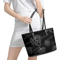 Aloha Hawaii Acacia Koa Leaves Leather Tote Bag Black Kakau Tribal Pattern