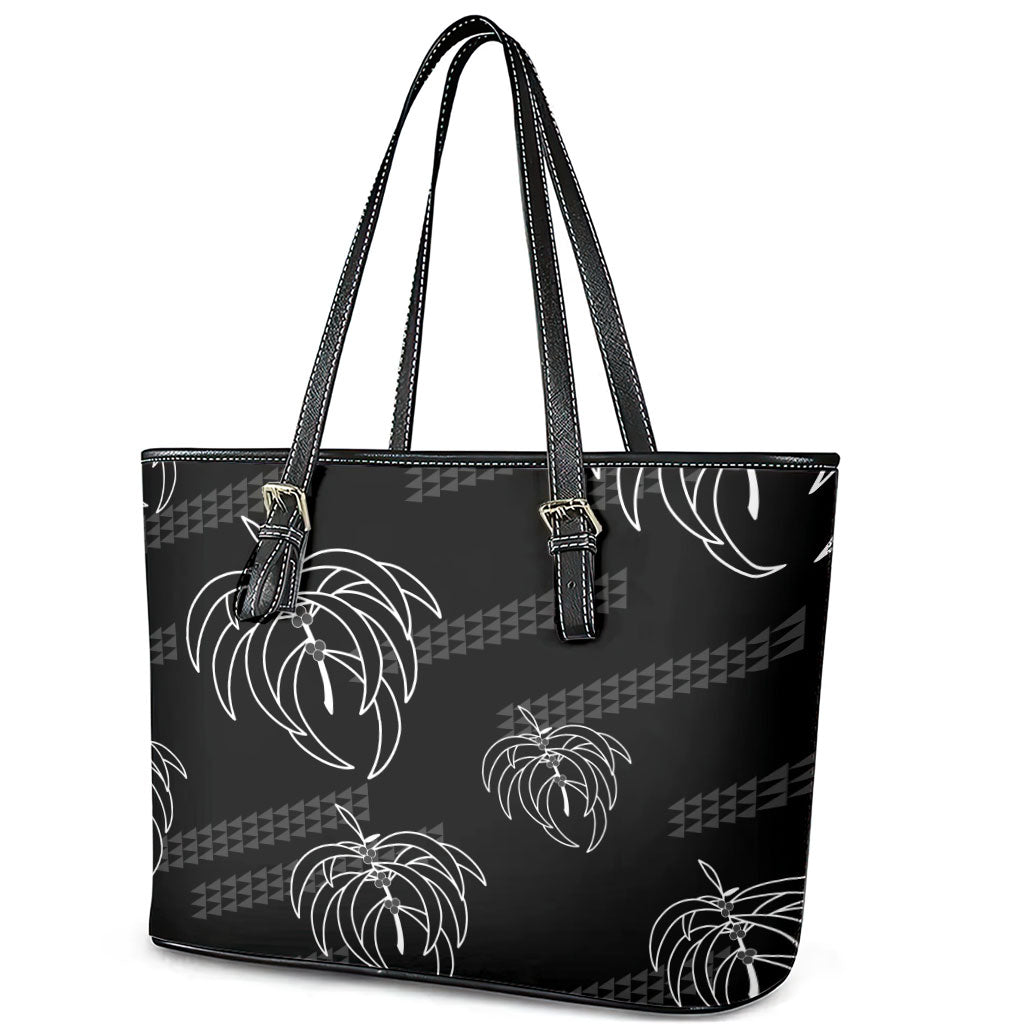Aloha Hawaii Acacia Koa Leaves Leather Tote Bag Black Kakau Tribal Pattern