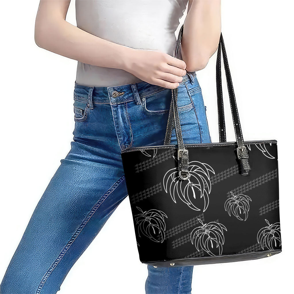 Aloha Hawaii Acacia Koa Leaves Leather Tote Bag Black Kakau Tribal Pattern