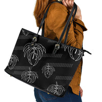 Aloha Hawaii Acacia Koa Leaves Leather Tote Bag Black Kakau Tribal Pattern