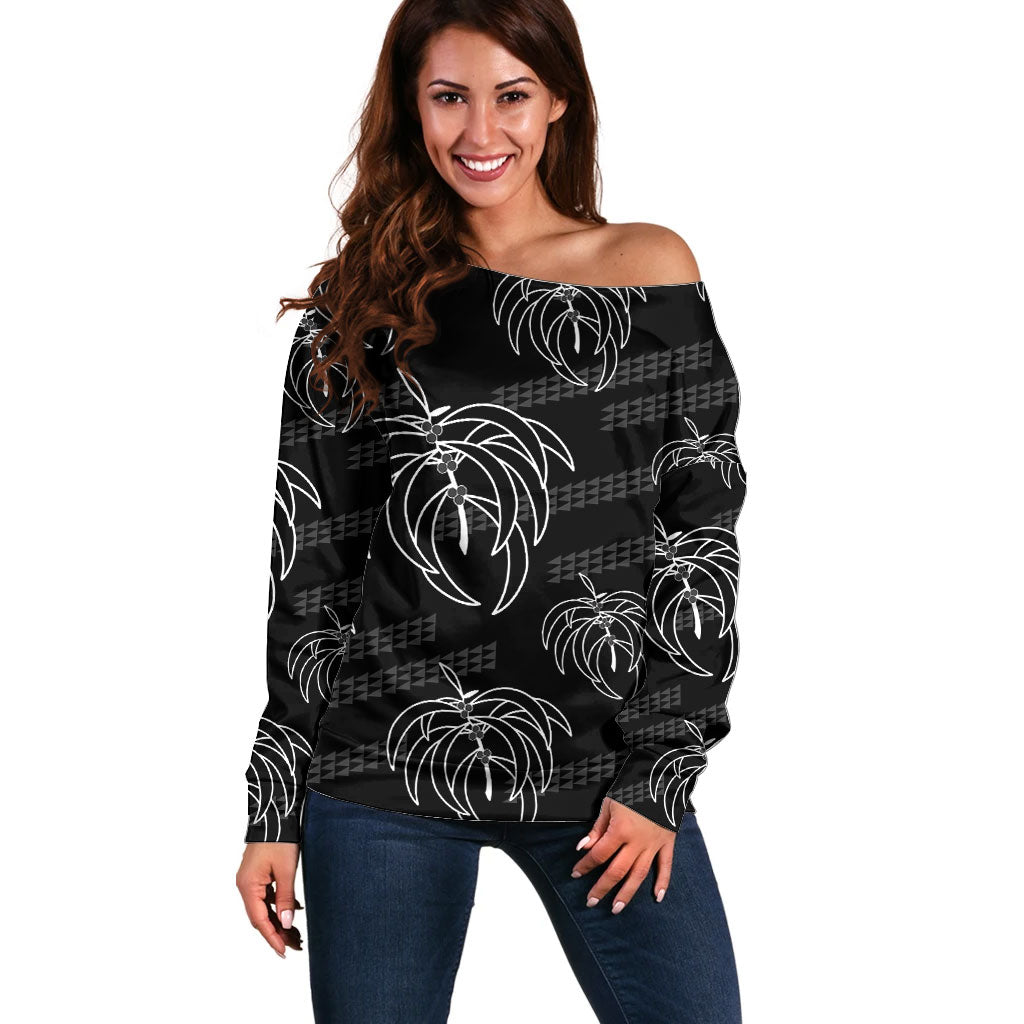 Aloha Hawaii Acacia Koa Leaves Off Shoulder Sweater Black Kakau Tribal Pattern LT05 Women Black - Polynesian Pride