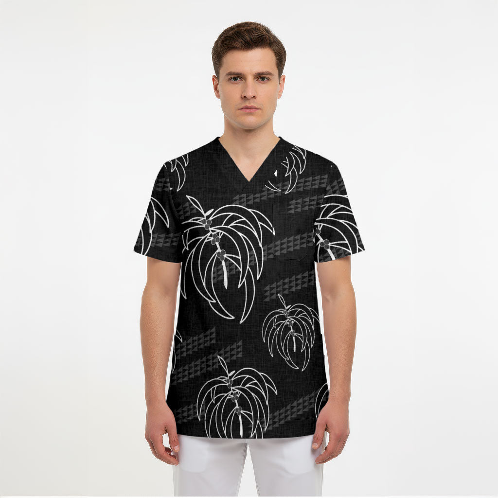 Aloha Hawaii Acacia Koa Leaves Scrub Top Black Kakau Tribal Pattern LT05 - Polynesian Pride