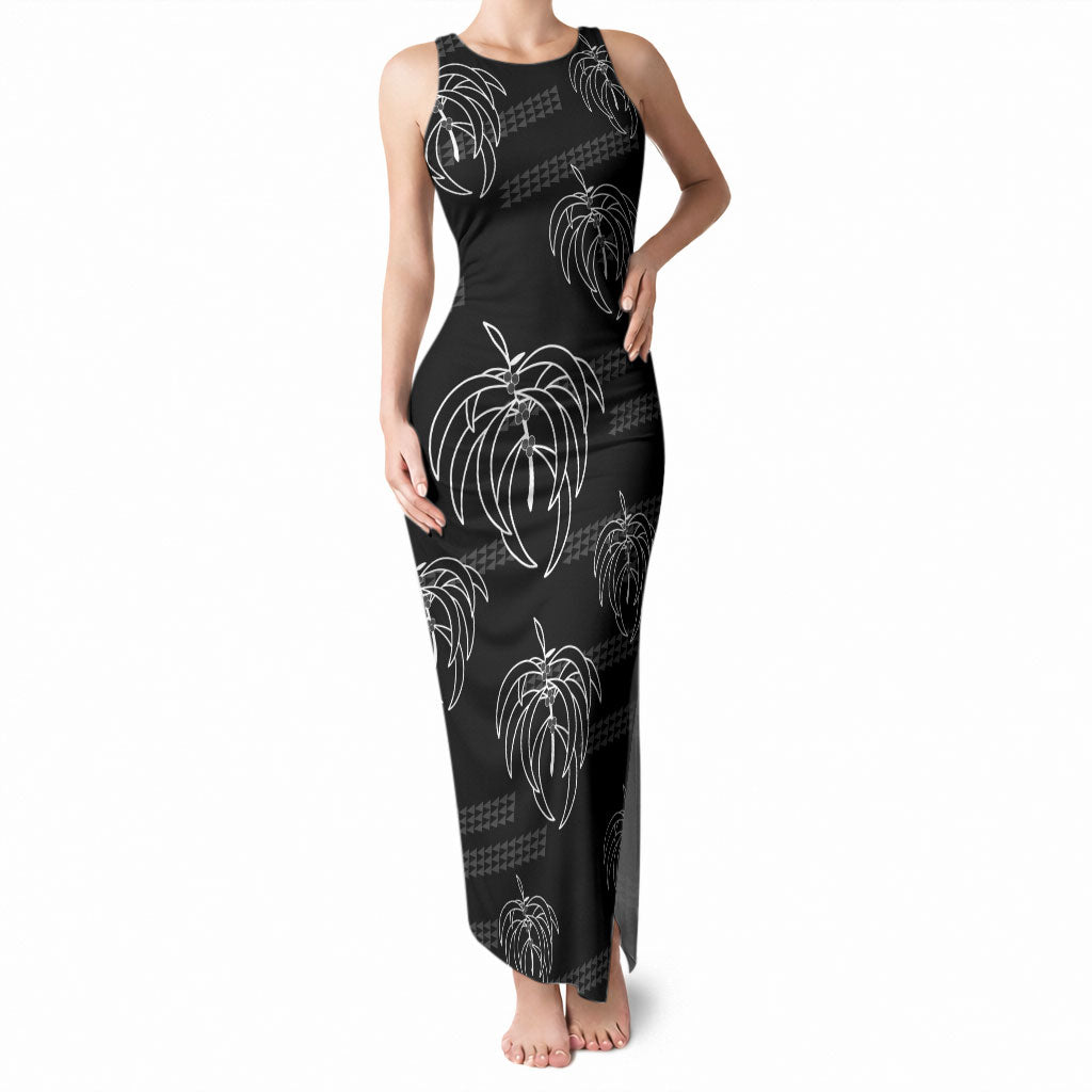 Aloha Hawaii Acacia Koa Leaves Tank Maxi Dress Black Kakau Tribal Pattern LT05 Women Black - Polynesian Pride