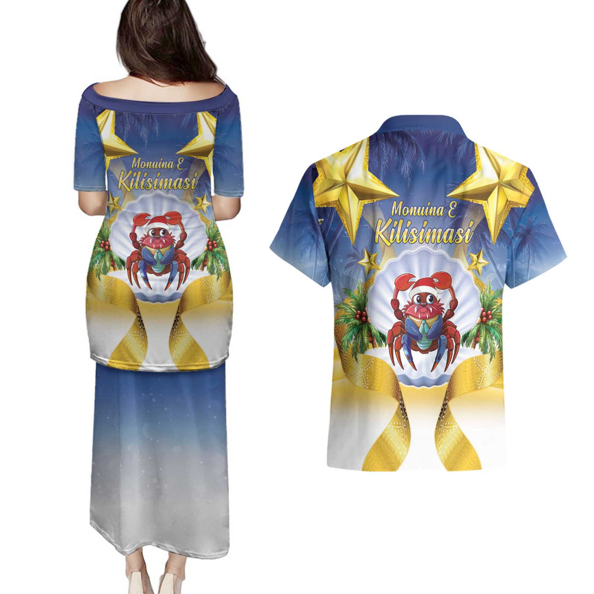 Niue Christmas Couples Matching Puletasi and Hawaiian Shirt Seashell Santa Beach Vibes - Polynesian Pride