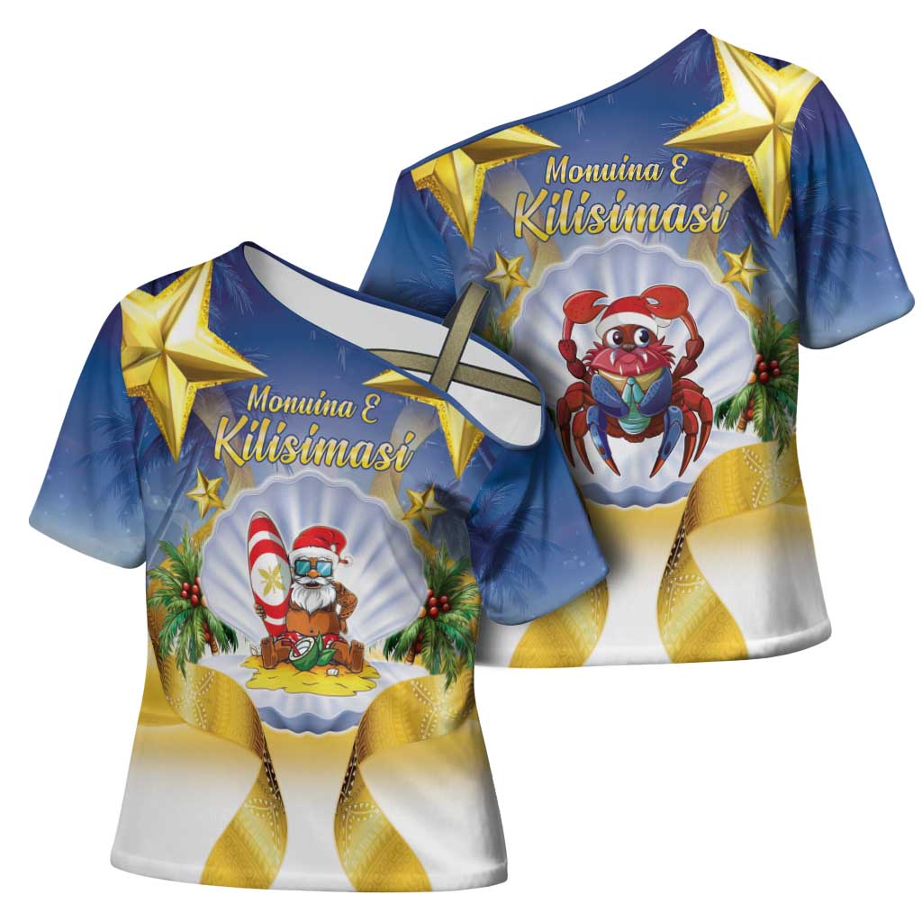 Niue Christmas Cross Shoulder Shirt Seashell Santa Beach Vibes - Polynesian Pride