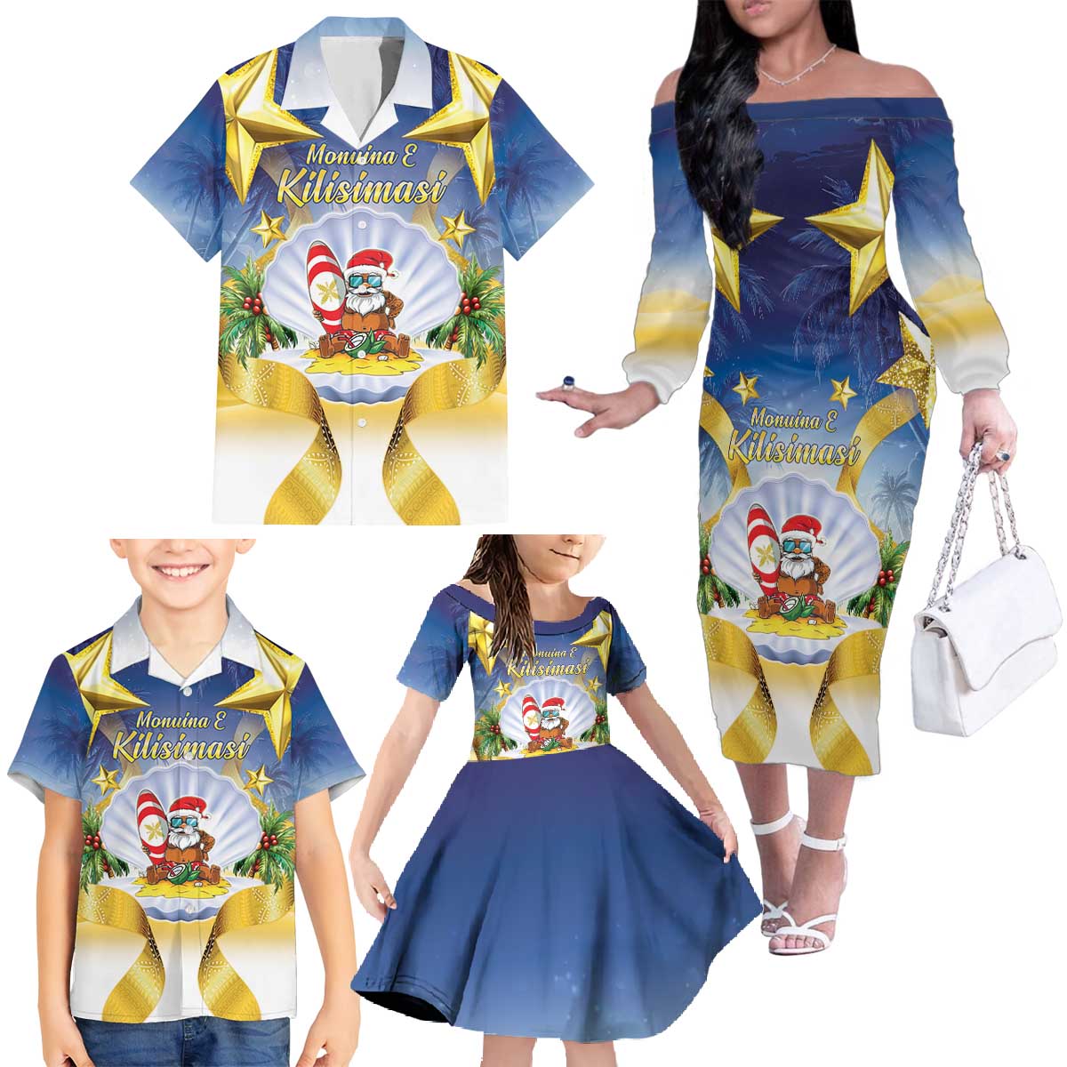 Niue Christmas Family Matching Off The Shoulder Long Sleeve Dress and Hawaiian Shirt Seashell Santa Beach Vibes - Polynesian Pride