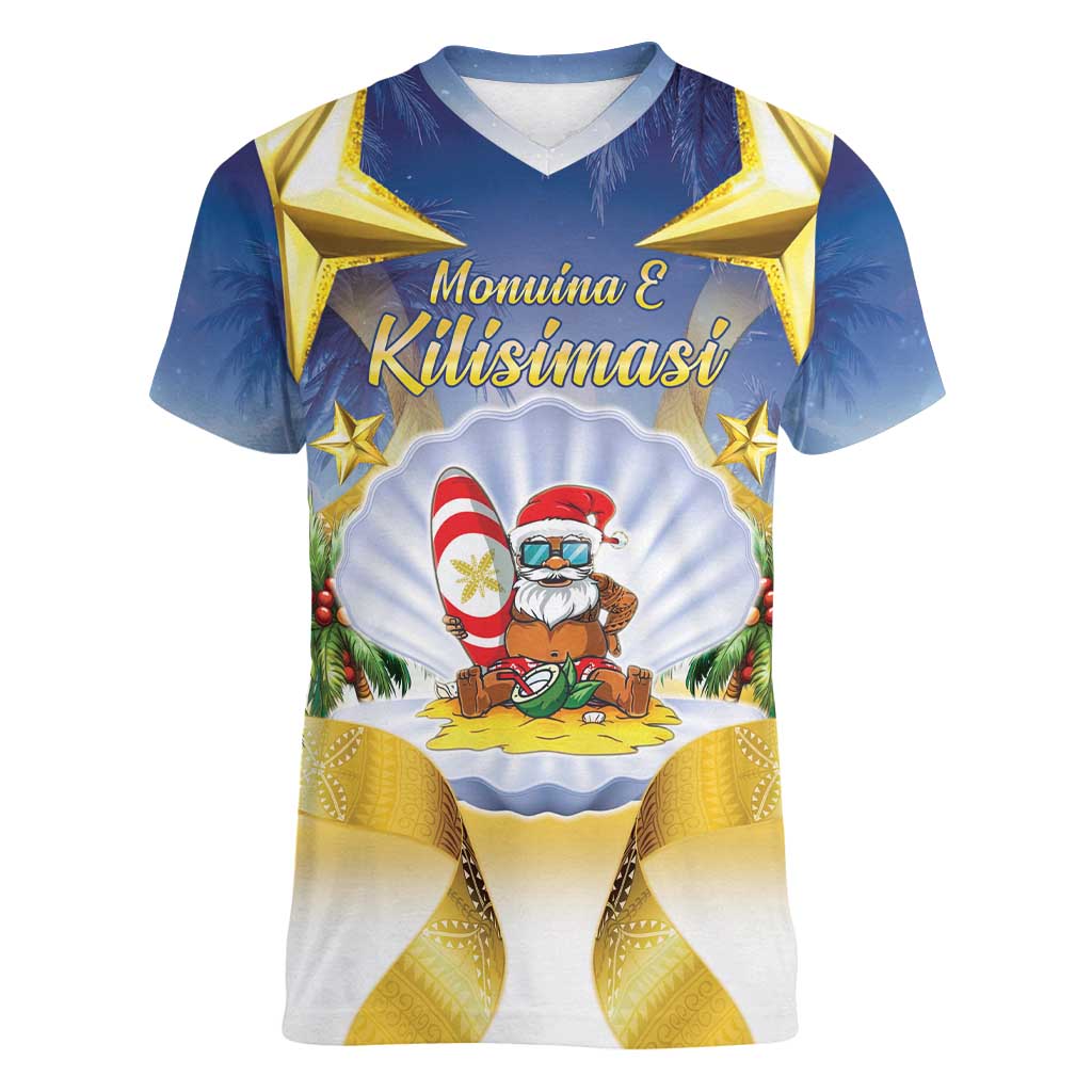 Niue Christmas Women V-Neck T-Shirt Seashell Santa Beach Vibes - Polynesian Pride