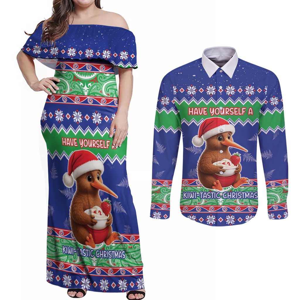 New Zealand Christmas Couples Matching Off Shoulder Maxi Dress and Long Sleeve Button Shirt Have Yourself A Kiwi-tastic Christmas - Polynesian Pride