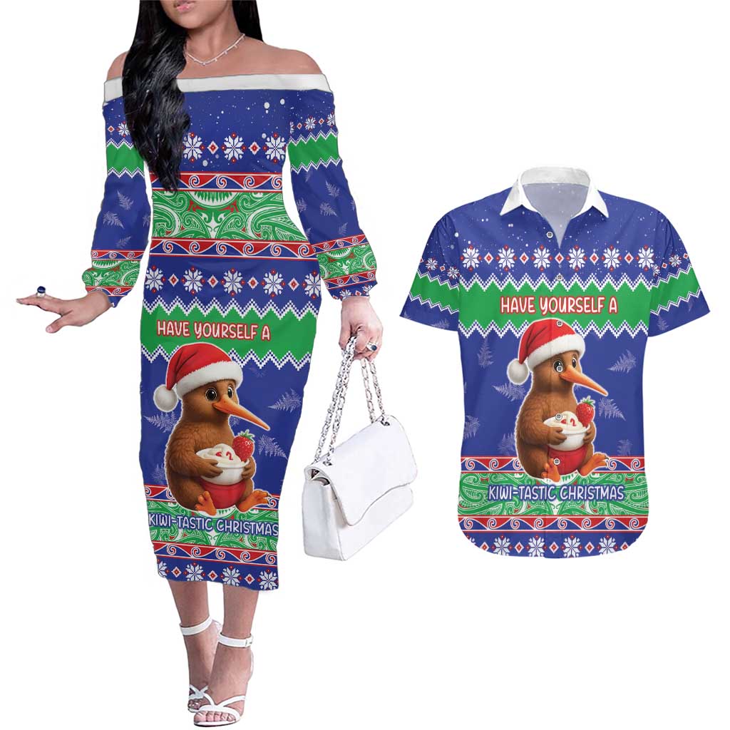 New Zealand Christmas Couples Matching Off The Shoulder Long Sleeve Dress and Hawaiian Shirt Have Yourself A Kiwi-tastic Christmas - Polynesian Pride