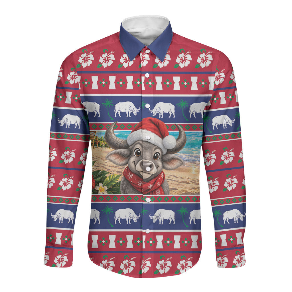 Guam Christmas Long Sleeve Button Shirt Felis Pasgua Carabao Santa LT05 Unisex Red - Polynesian Pride