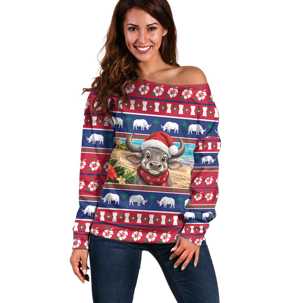 Guam Christmas Off Shoulder Sweater Felis Pasgua Carabao Santa LT05 Women Red - Polynesian Pride