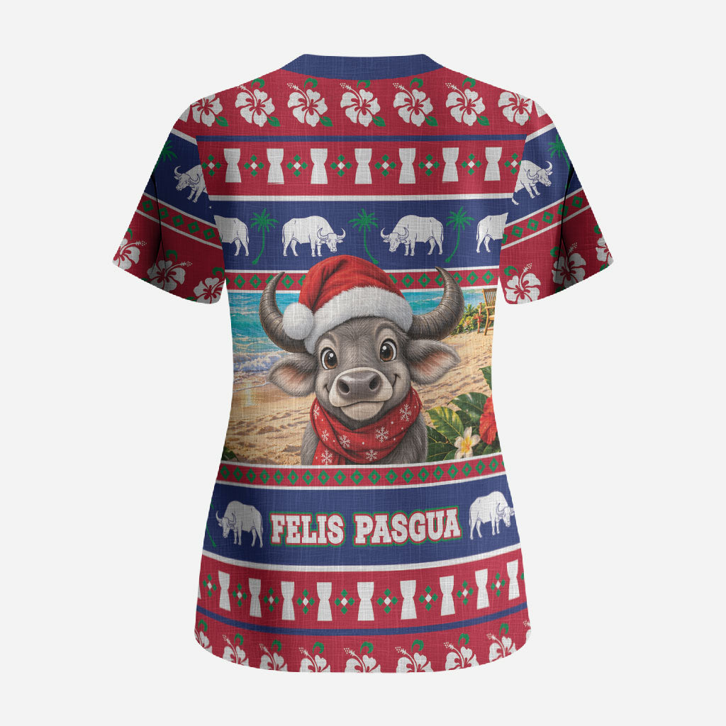 Guam Christmas Scrub Top Felis Pasgua Carabao Santa LT05 - Polynesian Pride