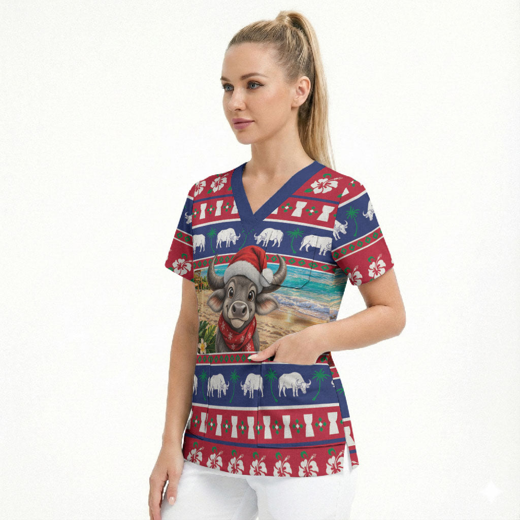 Guam Christmas Scrub Top Felis Pasgua Carabao Santa LT05 - Polynesian Pride