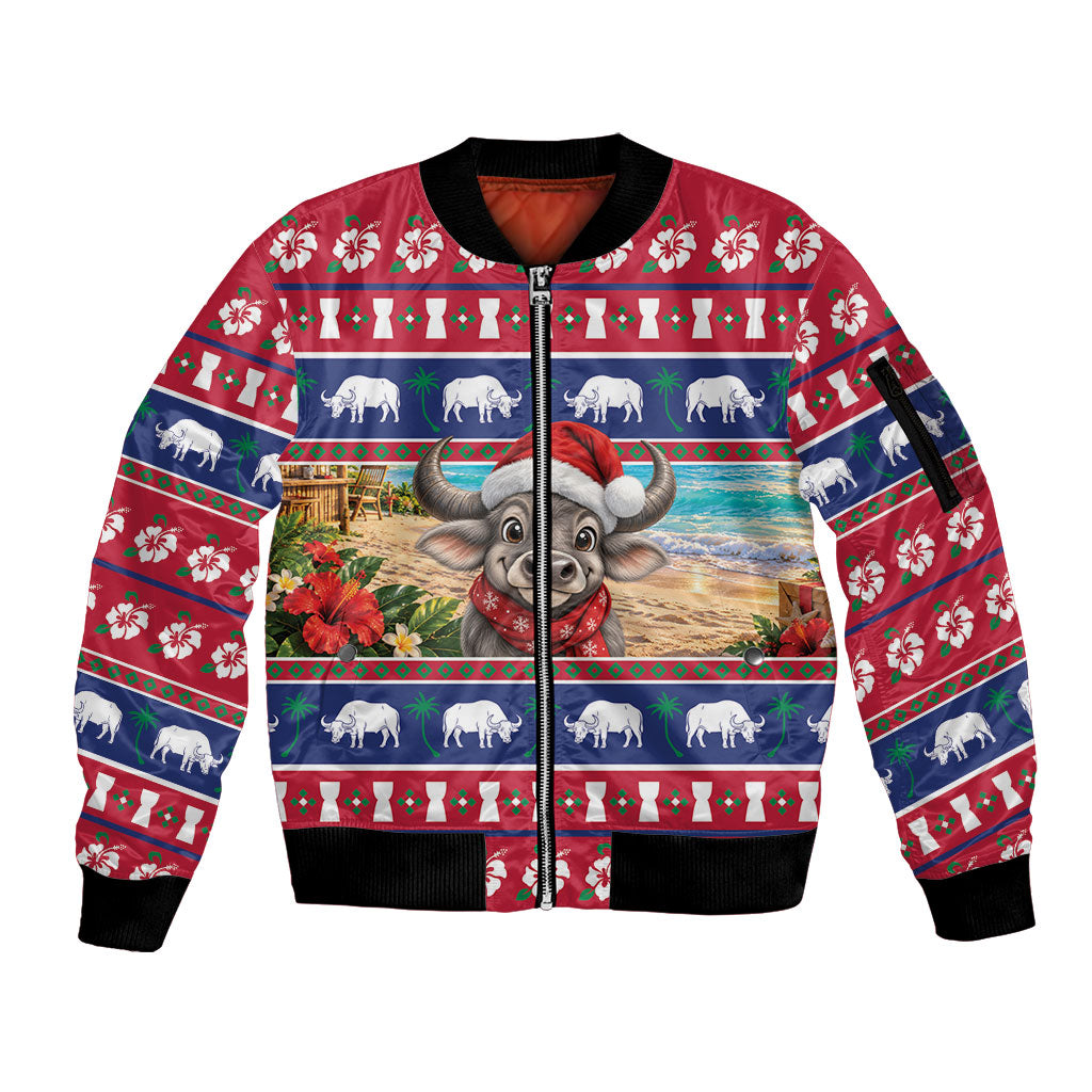 Guam Christmas Sleeve Zip Bomber Jacket Felis Pasgua Carabao Santa LT05 Unisex Red - Polynesian Pride