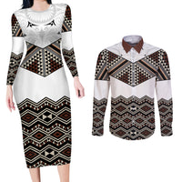 New Zealand Aotearoa Couples Matching Long Sleeve Bodycon Dress and Long Sleeve Button Shirt Taniko Art Simple Style LT05 Brown - Polynesian Pride
