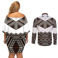 New Zealand Aotearoa Couples Matching Off Shoulder Short Dress and Long Sleeve Button Shirt Taniko Art Simple Style LT05 - Polynesian Pride