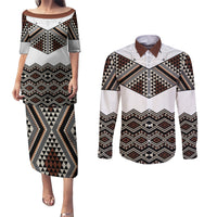 New Zealand Aotearoa Couples Matching Puletasi Dress and Long Sleeve Button Shirt Taniko Art Simple Style LT05 Brown - Polynesian Pride