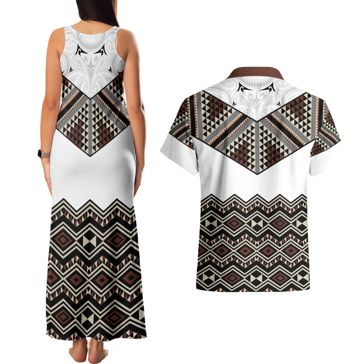 New Zealand Aotearoa Couples Matching Tank Maxi Dress and Hawaiian Shirt Taniko Art Simple Style LT05 - Polynesian Pride