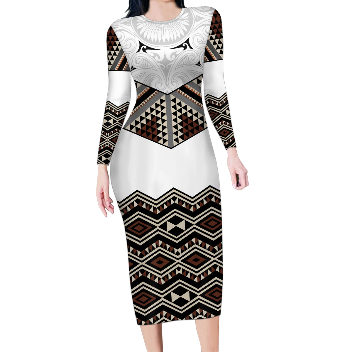 New Zealand Aotearoa Family Matching Long Sleeve Bodycon Dress and Hawaiian Shirt Taniko Art Simple Style LT05 Mom's Dress Brown - Polynesian Pride