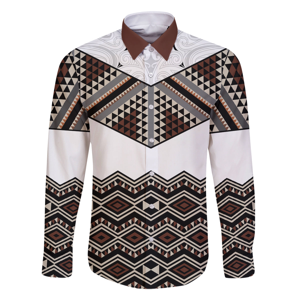 New Zealand Aotearoa Family Matching Off Shoulder Long Sleeve Dress and Hawaiian Shirt Taniko Art Simple Style LT05 Dad's Shirt - Long Sleeve Brown - Polynesian Pride