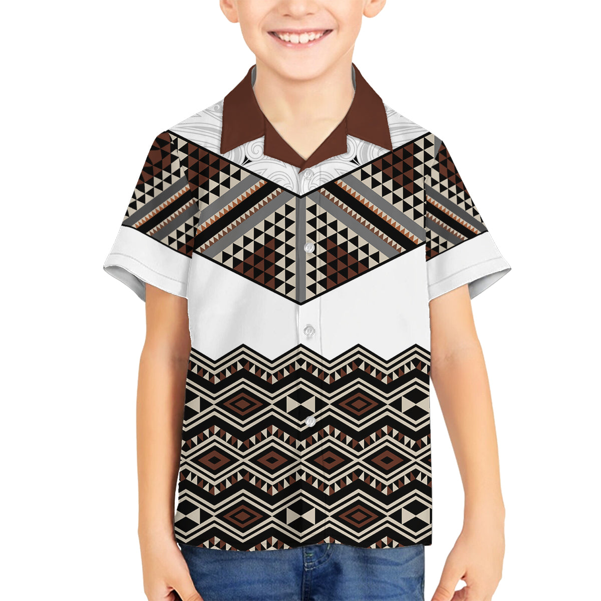 New Zealand Aotearoa Family Matching Off Shoulder Maxi Dress and Hawaiian Shirt Taniko Art Simple Style LT05 Son's Shirt Brown - Polynesian Pride