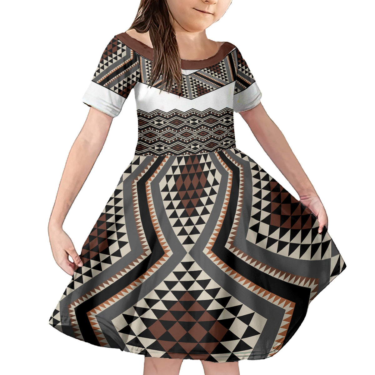 New Zealand Aotearoa Family Matching Tank Maxi Dress and Hawaiian Shirt Taniko Art Simple Style LT05 Daughter's Dress Brown - Polynesian Pride