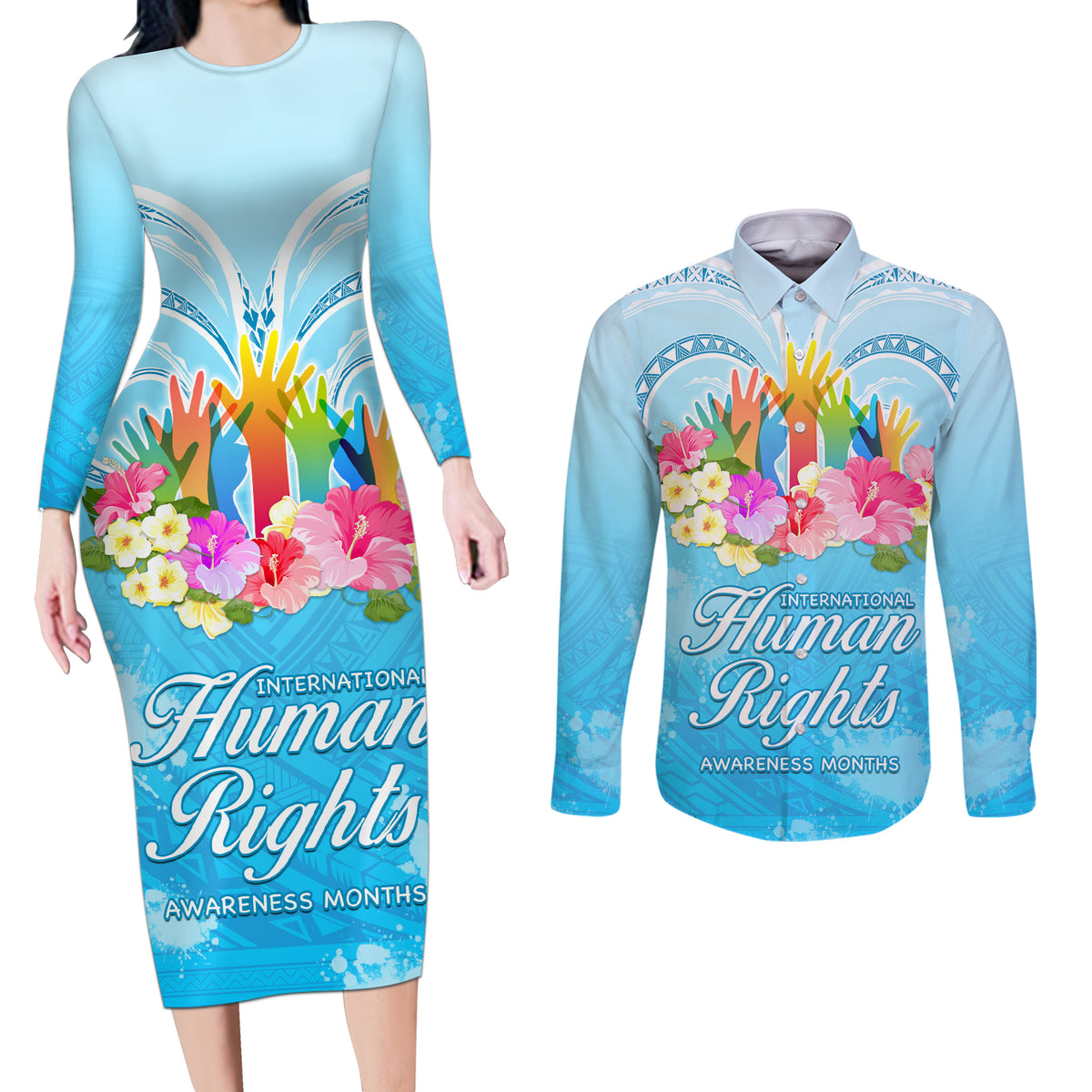 Universal Human Rights Month Couples Matching Long Sleeve Bodycon Dress and Long Sleeve Button Shirt Polynesian Style LT05 Blue - Polynesian Pride