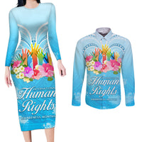 Universal Human Rights Month Couples Matching Long Sleeve Bodycon Dress and Long Sleeve Button Shirt Polynesian Style LT05 Blue - Polynesian Pride