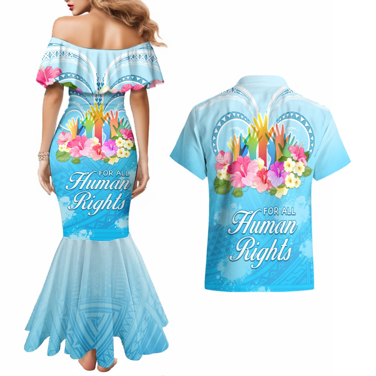 Universal Human Rights Month Couples Matching Mermaid Dress and Hawaiian Shirt Polynesian Style LT05 - Polynesian Pride