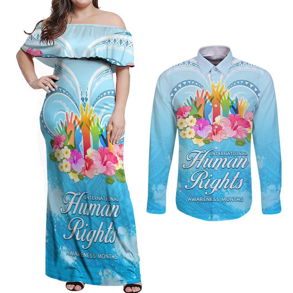 Universal Human Rights Month Couples Matching Off Shoulder Maxi Dress and Long Sleeve Button Shirt Polynesian Style LT05 Blue - Polynesian Pride