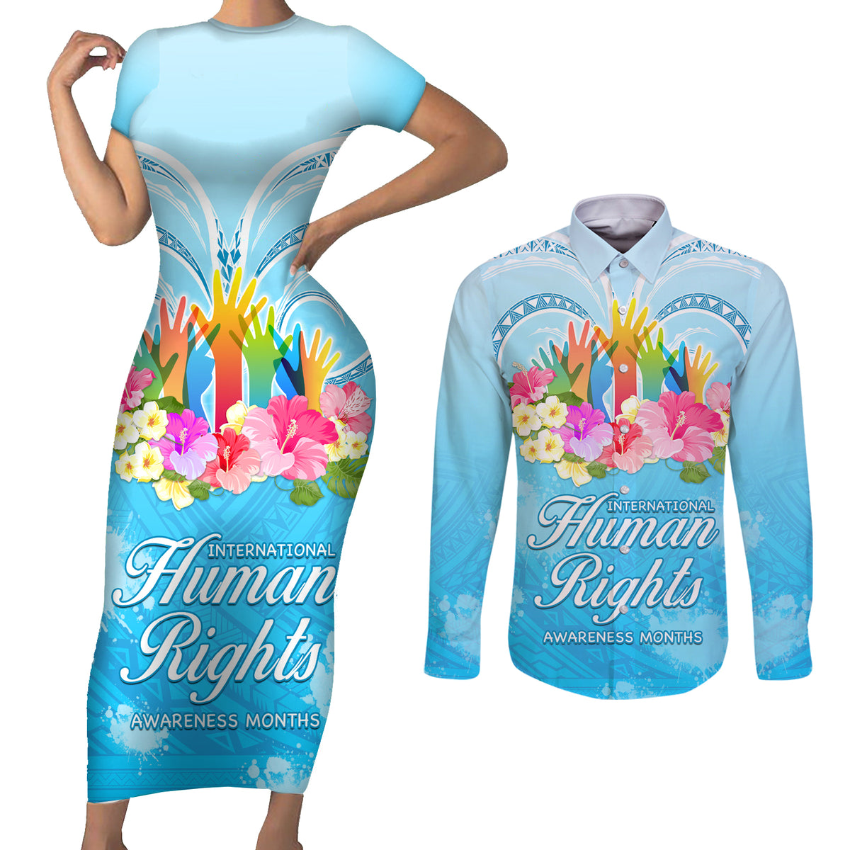 Universal Human Rights Month Couples Matching Short Sleeve Bodycon Dress and Long Sleeve Button Shirt Polynesian Style LT05 Blue - Polynesian Pride