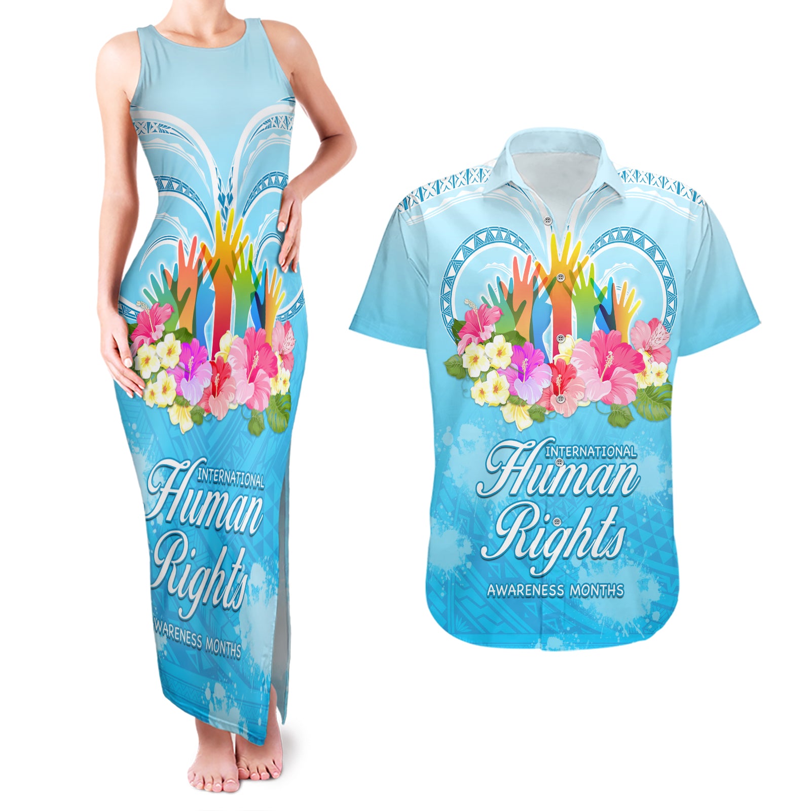 Universal Human Rights Month Couples Matching Tank Maxi Dress and Hawaiian Shirt Polynesian Style LT05 Blue - Polynesian Pride