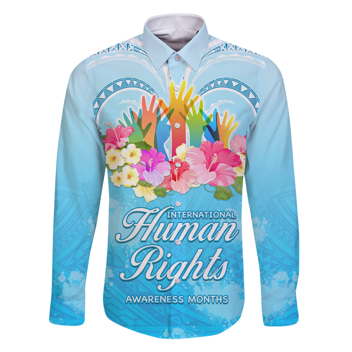 Universal Human Rights Month Family Matching Long Sleeve Bodycon Dress and Hawaiian Shirt Polynesian Style LT05 Dad's Shirt - Long Sleeve Blue - Polynesian Pride