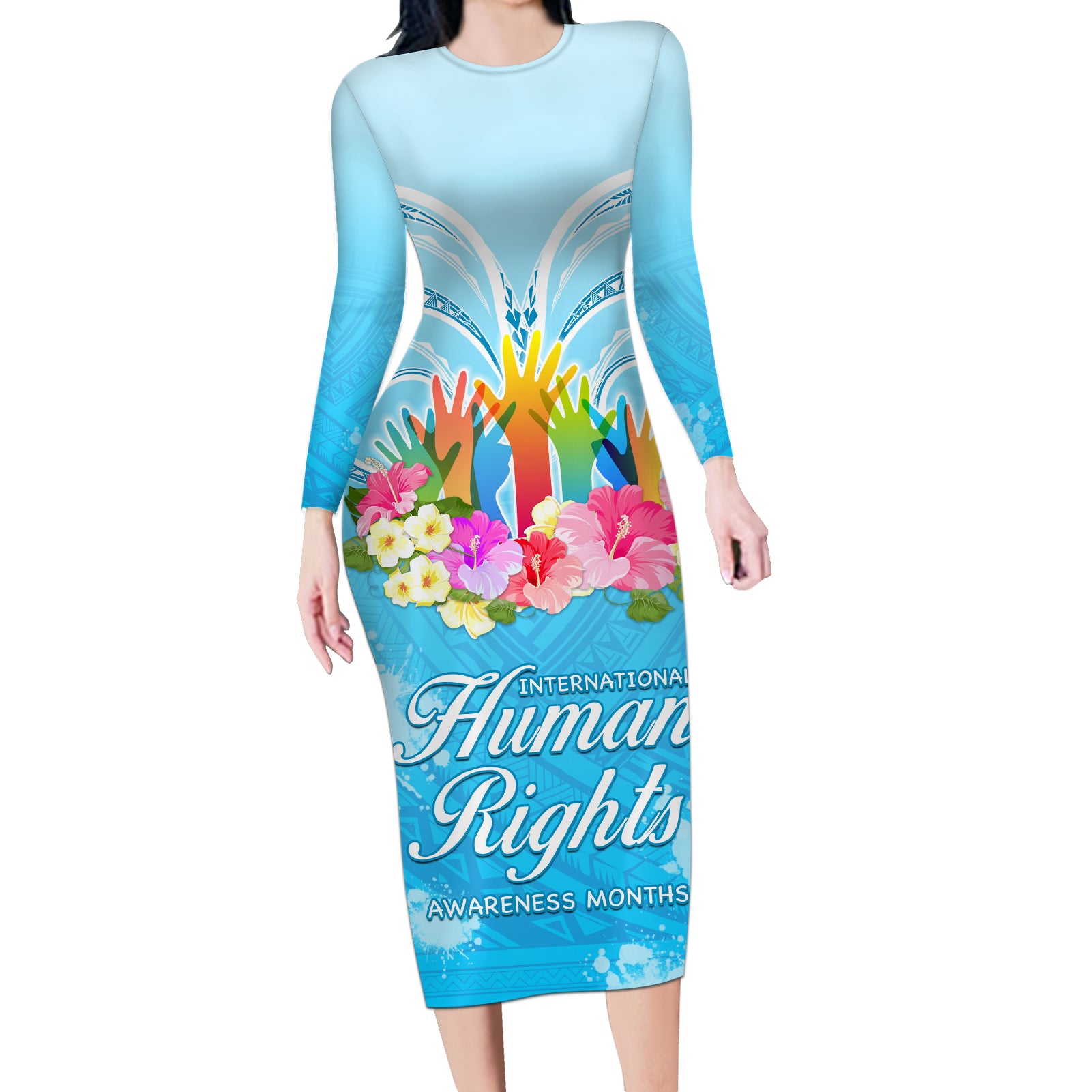 Universal Human Rights Month Long Sleeve Bodycon Dress Polynesian Style LT05 Long Dress Blue - Polynesian Pride