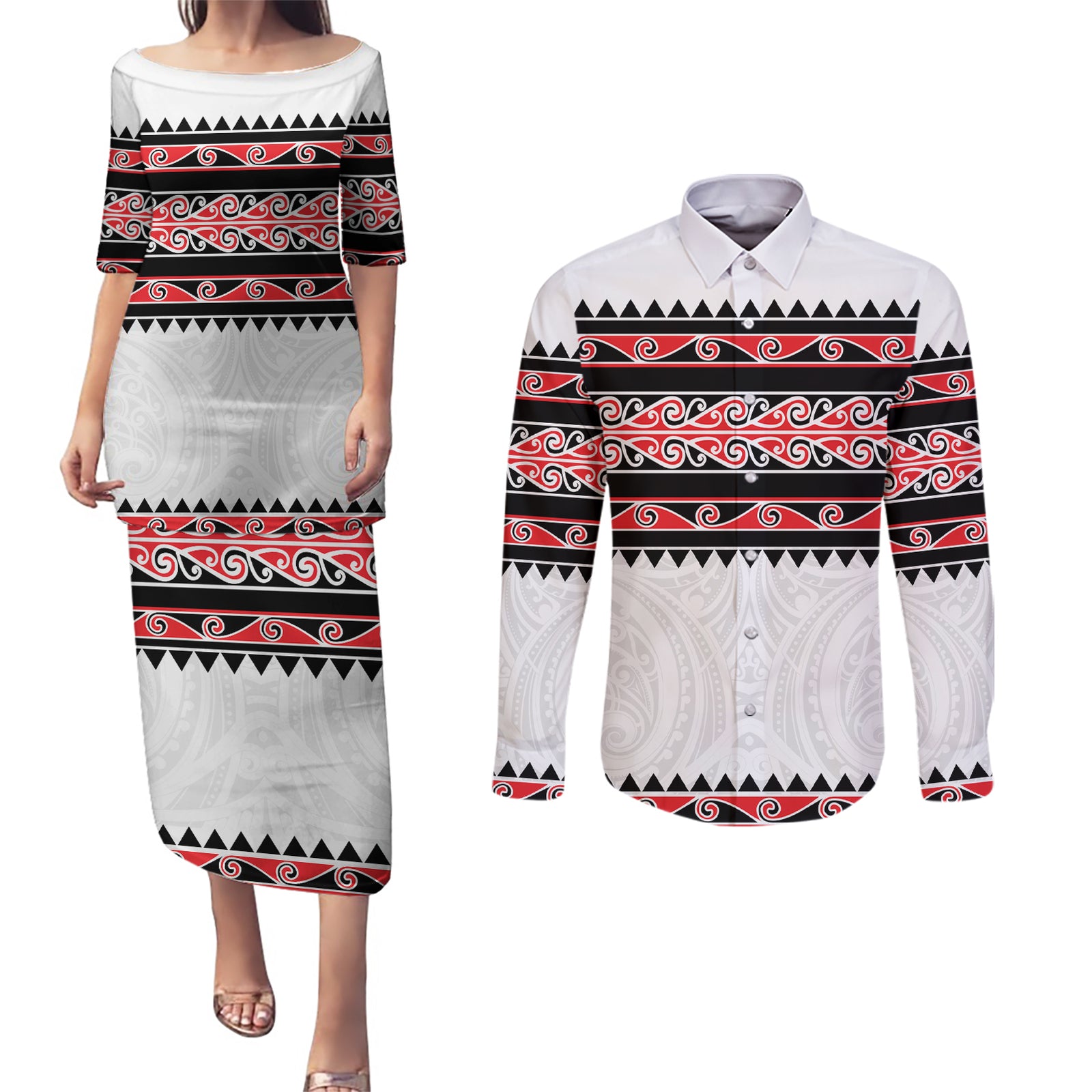 New Zealand Aotearoa Couples Matching Puletasi Dress and Long Sleeve Button Shirt With Kowhaiwhai Pattern Red Version LT05 Red - Polynesian Pride