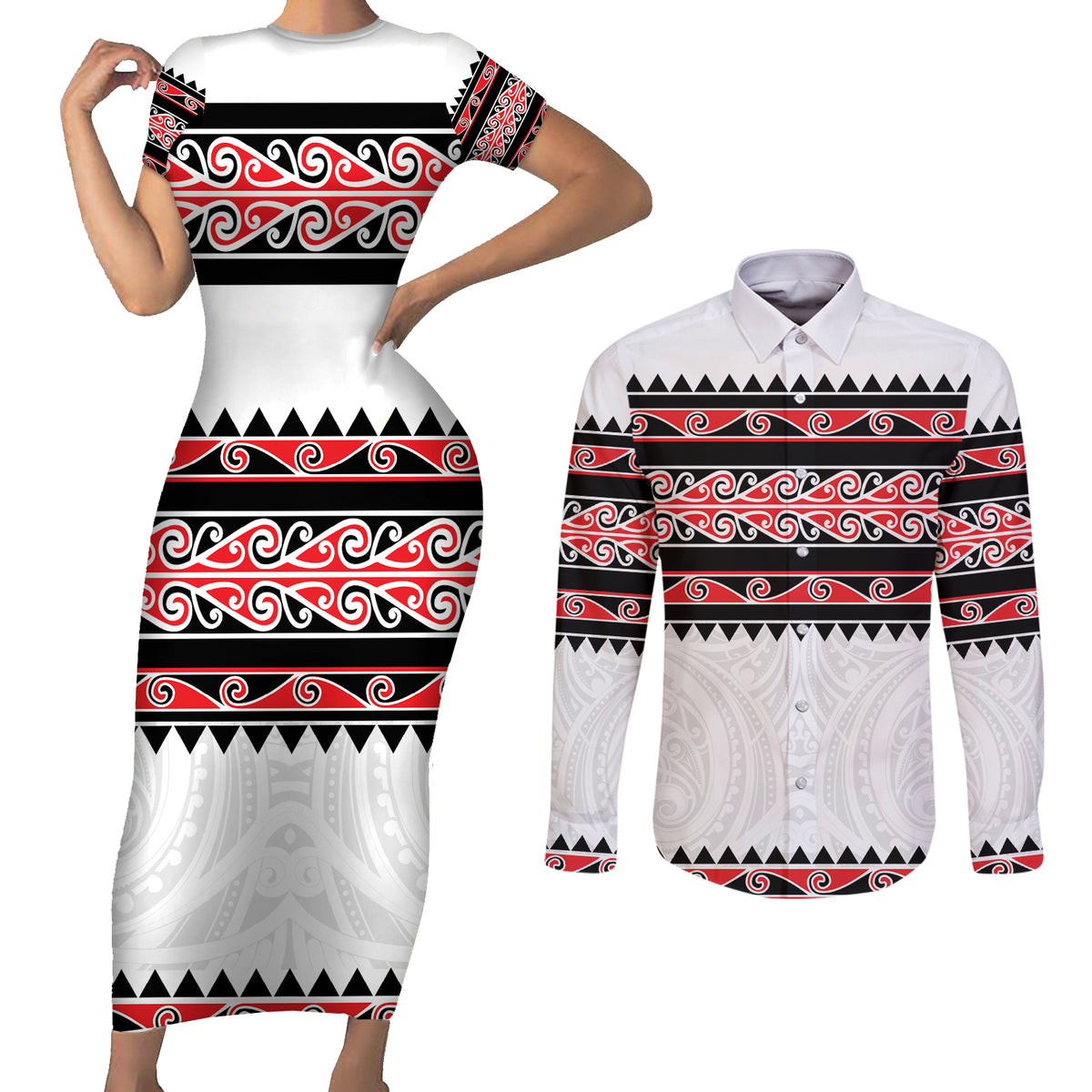 New Zealand Aotearoa Couples Matching Short Sleeve Bodycon Dress and Long Sleeve Button Shirt With Kowhaiwhai Pattern Red Version LT05 Red - Polynesian Pride