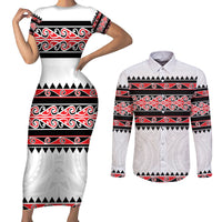 New Zealand Aotearoa Couples Matching Short Sleeve Bodycon Dress and Long Sleeve Button Shirt With Kowhaiwhai Pattern Red Version LT05 Red - Polynesian Pride