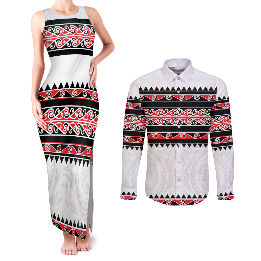 New Zealand Aotearoa Couples Matching Tank Maxi Dress and Long Sleeve Button Shirt With Kowhaiwhai Pattern Red Version LT05 Red - Polynesian Pride