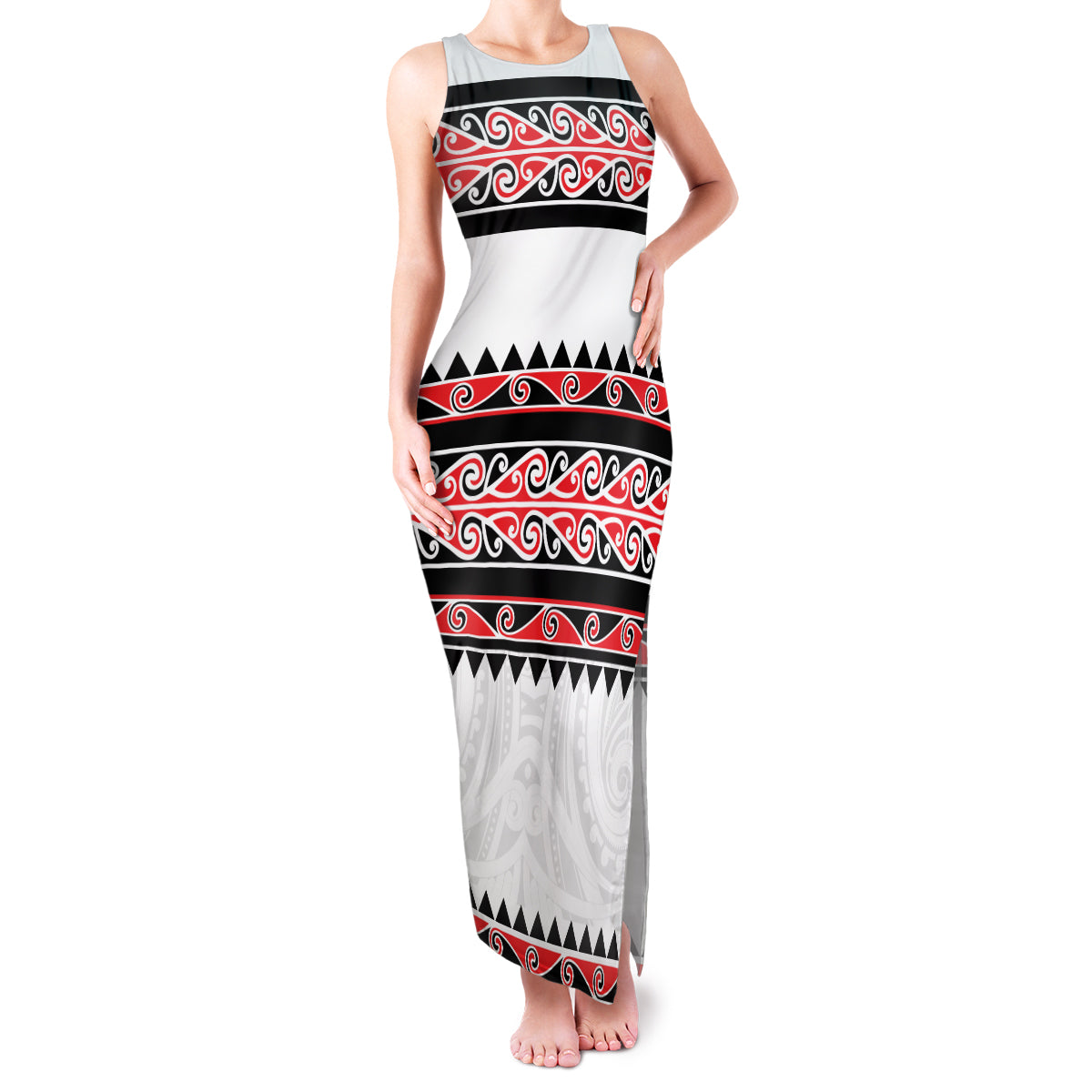 New Zealand Aotearoa Family Matching Tank Maxi Dress and Hawaiian Shirt With Kowhaiwhai Pattern Red Version LT05 Mom's Dress Red - Polynesian Pride