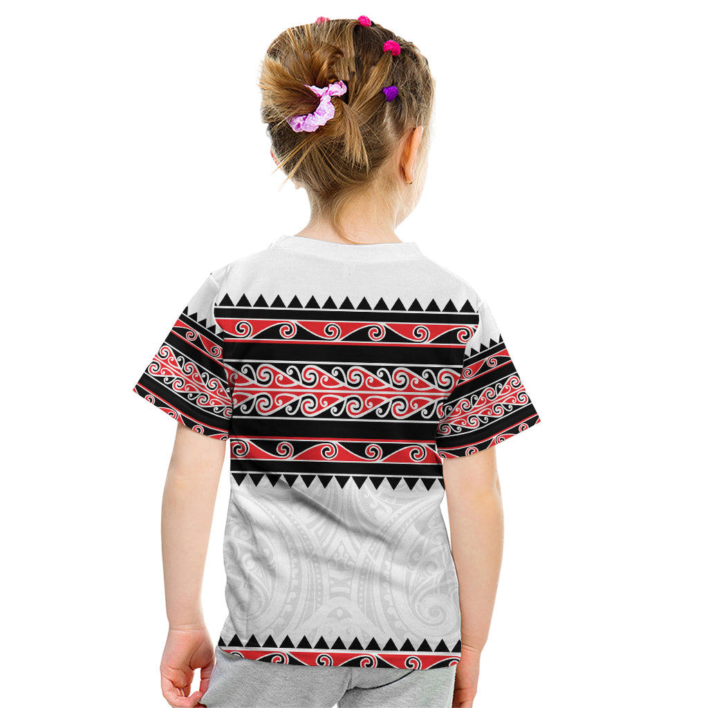 New Zealand Aotearoa Kid T Shirt With Kowhaiwhai Pattern Red Version LT05 - Polynesian Pride