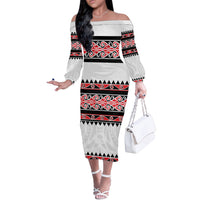 New Zealand Aotearoa Off The Shoulder Long Sleeve Dress With Kowhaiwhai Pattern Red Version LT05 Women Red - Polynesian Pride