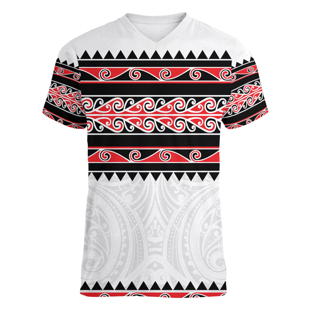 New Zealand Aotearoa Women V Neck T Shirt With Kowhaiwhai Pattern Red Version LT05 Female Red - Polynesian Pride