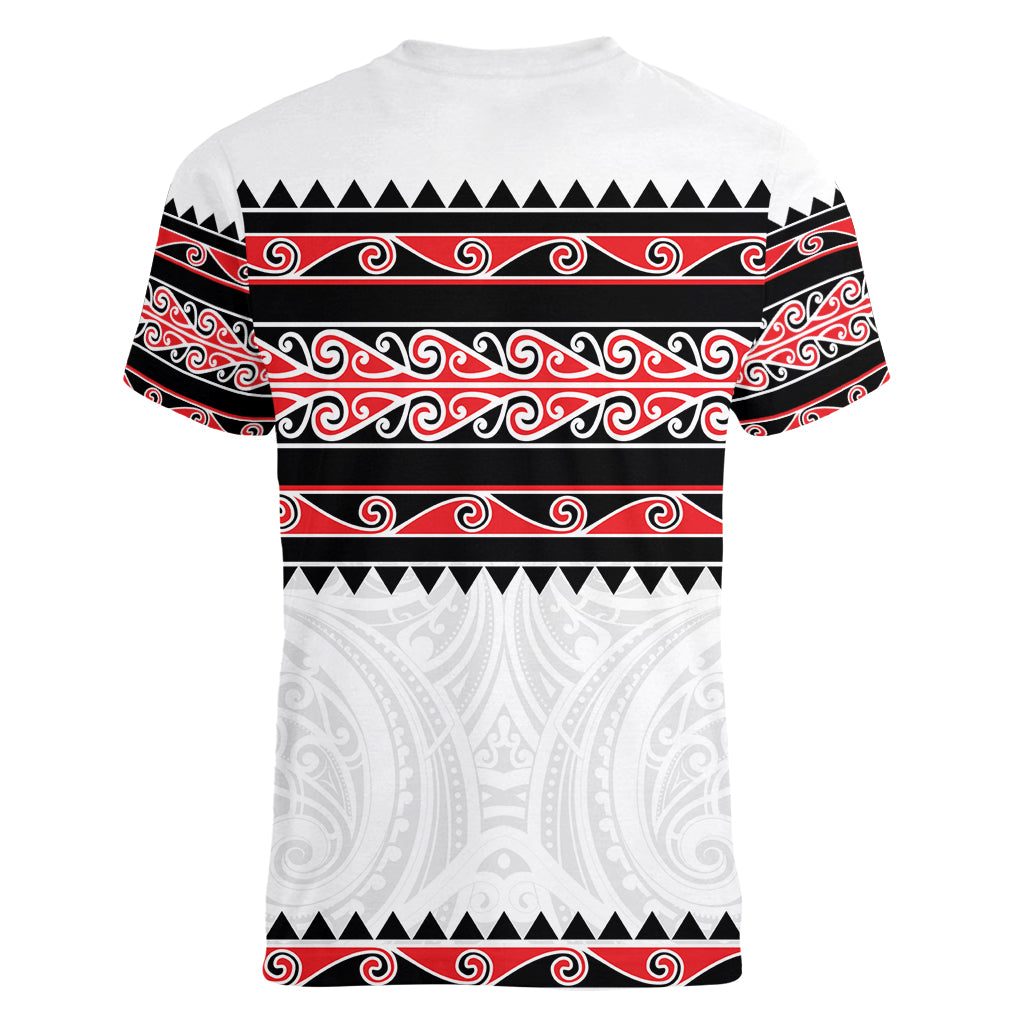New Zealand Aotearoa Women V Neck T Shirt With Kowhaiwhai Pattern Red Version LT05 - Polynesian Pride